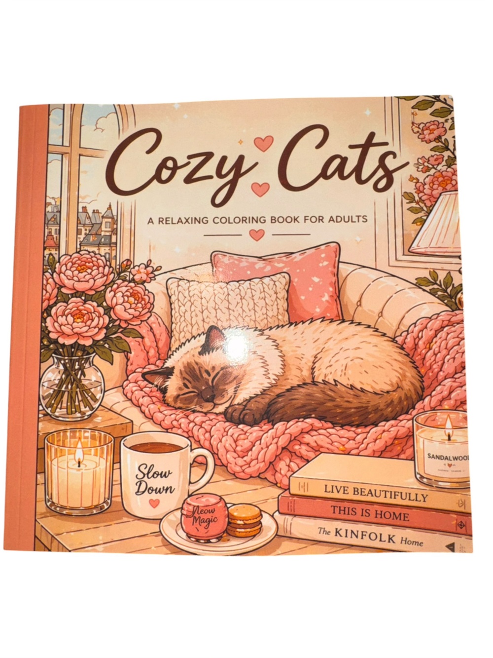 Cozy Cats Adult Coloring Book - Coral & Cream Cover